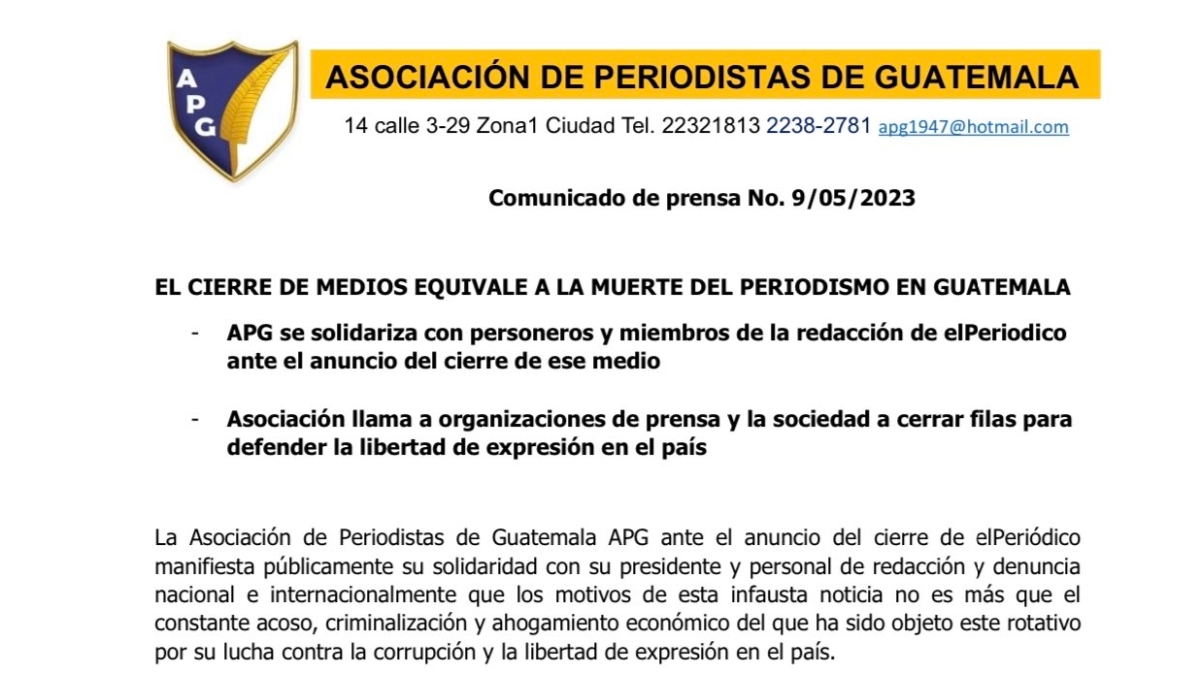 APG sobre elPeriódico: «El cierre de medios equivale a la muerte del periodismo en Guatemala»